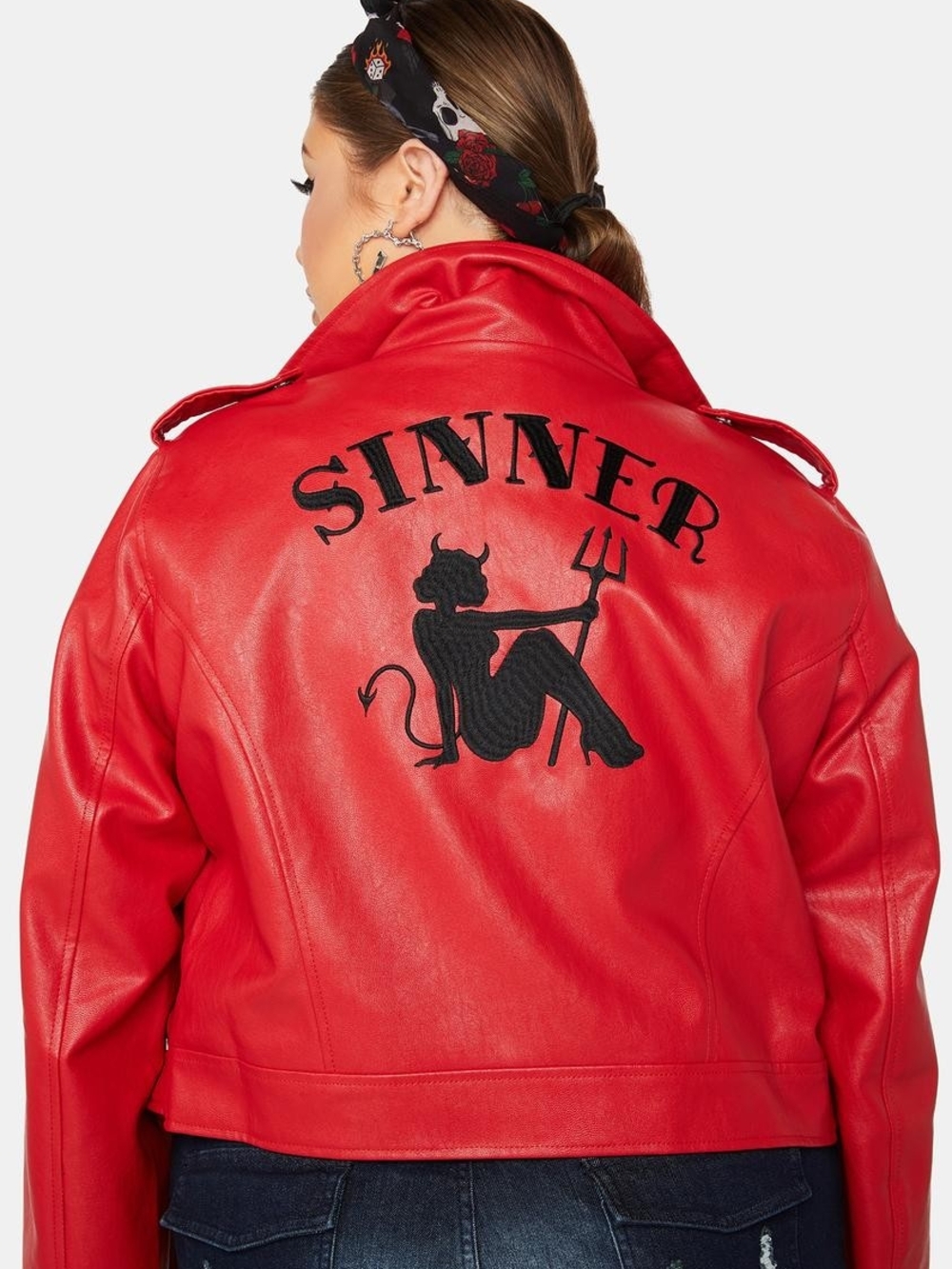 Red Faux Leather Embroidered 'Sinner' Jacket DollsKill